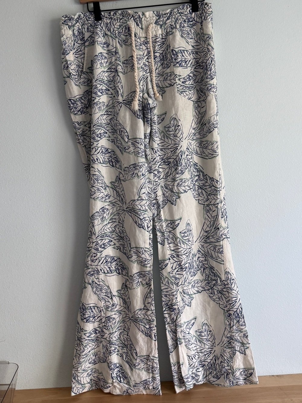 Roxy Linen Pants with Navy Leaf Print